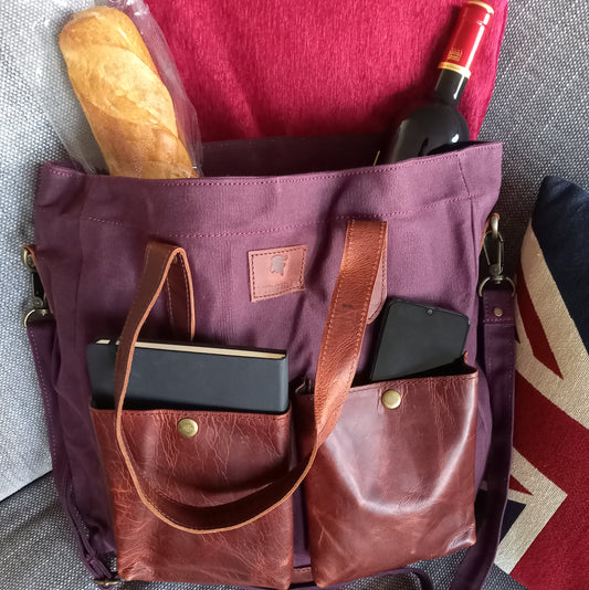 Large purple cotton canvas and vintage leather tote by Burghley Bags.
