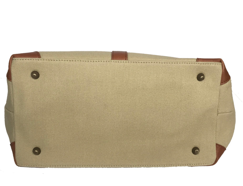 The Sedgebrook Handbag.  A classic and timeless bag by Burghley Bags.  Handmade from strong cotton canvas and leather. With strong leather handles it can be used as a shoulderbag. Bottom shown with metal feet.