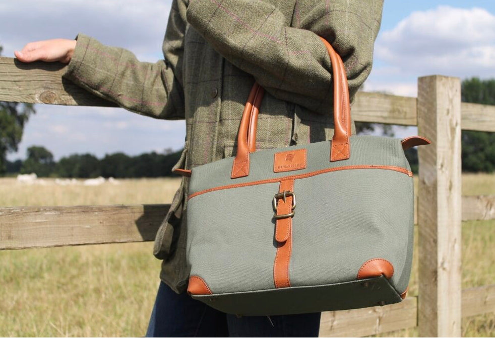 Handmade green cotton canvas and tan leather handbag.