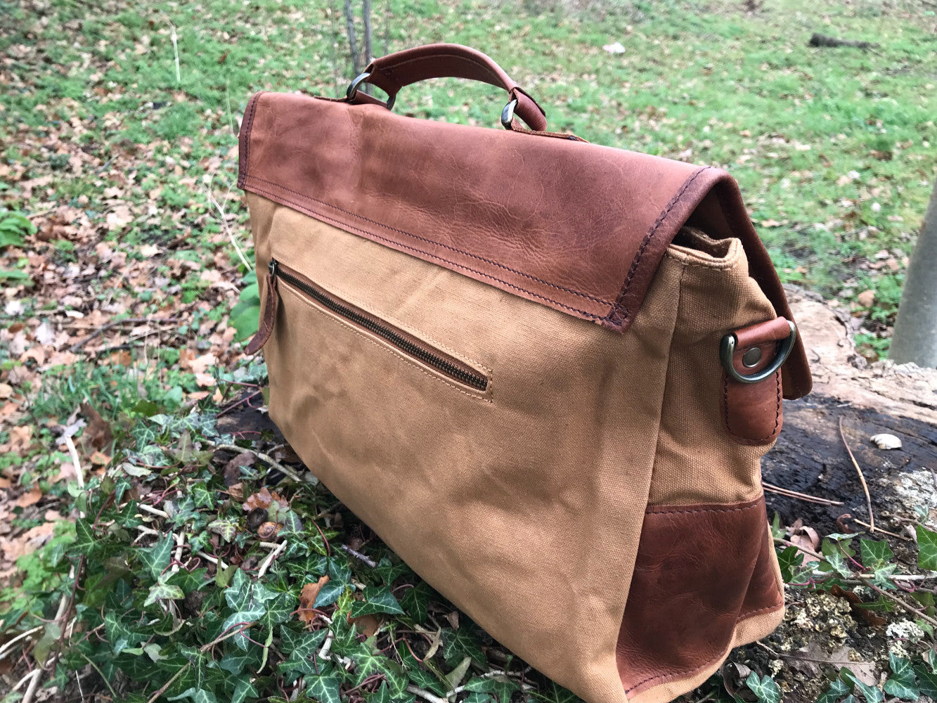 The Barholm. A contemporary handmade leather and canvas briefcase by Burghley Bags. Canvas in classic tan complimented with classic brown eco-friendly vegetable tanned leather.
