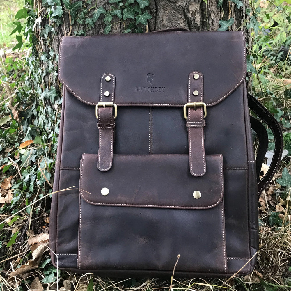 The Carlton Backpack.  A retro-modern leather rucksack by Burghley Bags with a vintage look. Fully lined, with adjustable straps that can be repositioned.