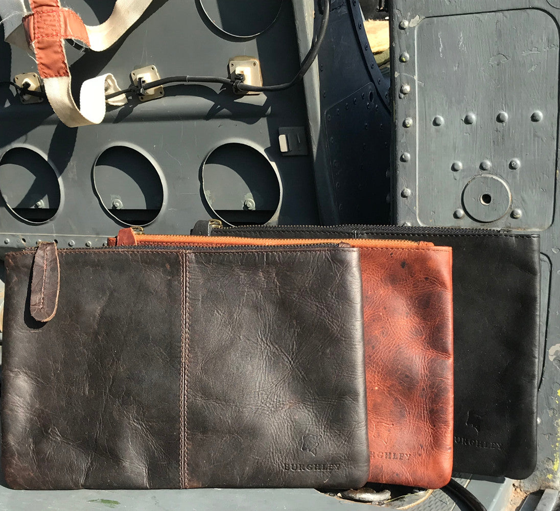 The Classic Leather Pouch. A leather bag Burghley Bags. Handmade from eco-friendly vegetable tanned leather. An elegant, classic design with a gorgeous vintage look, it can be a clutch, office companion or travel-document wallet. Available in 3 colours.