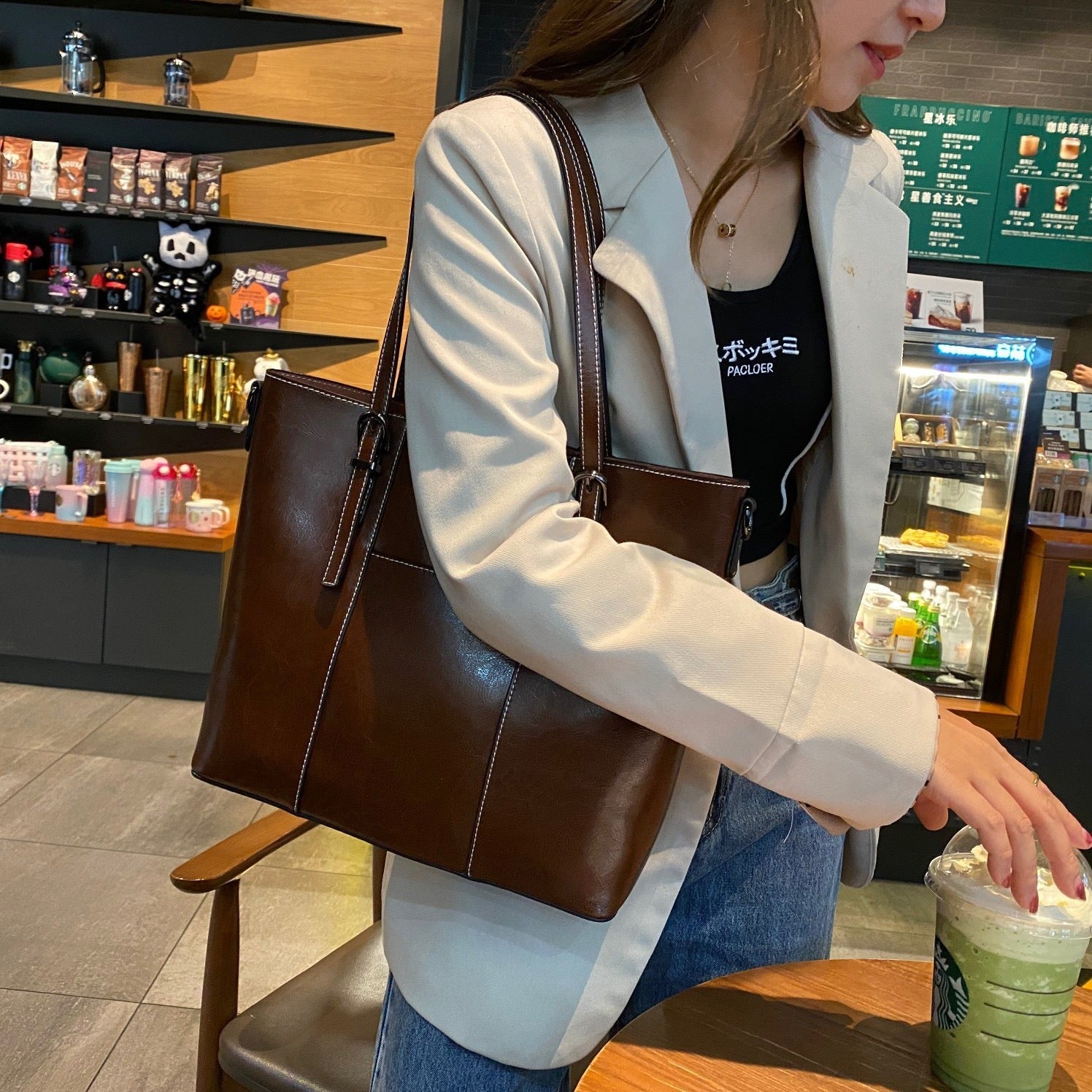 Leather Messenger Tote Bag
