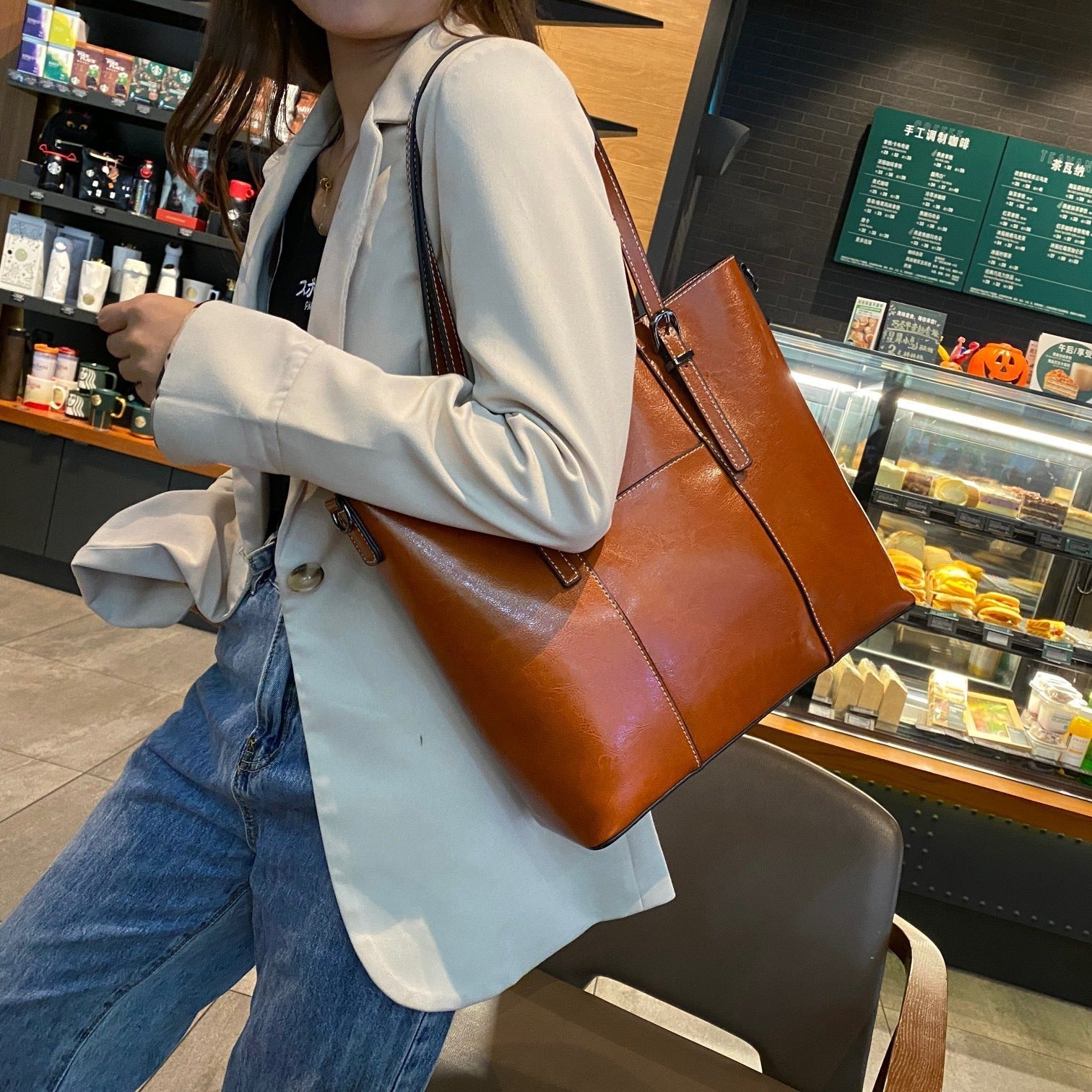 Leather Messenger Tote Bag