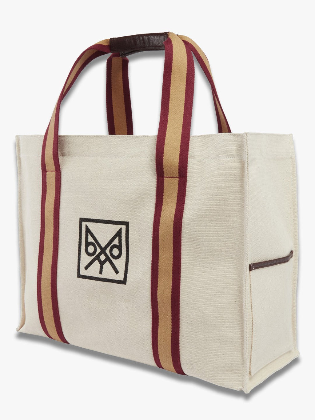 Beige tote bag with red and brown striped handles and a logo on a white background