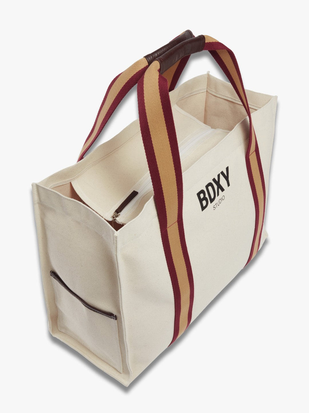 Beige tote bag with striped handle and 'BOXY' branding on a white background