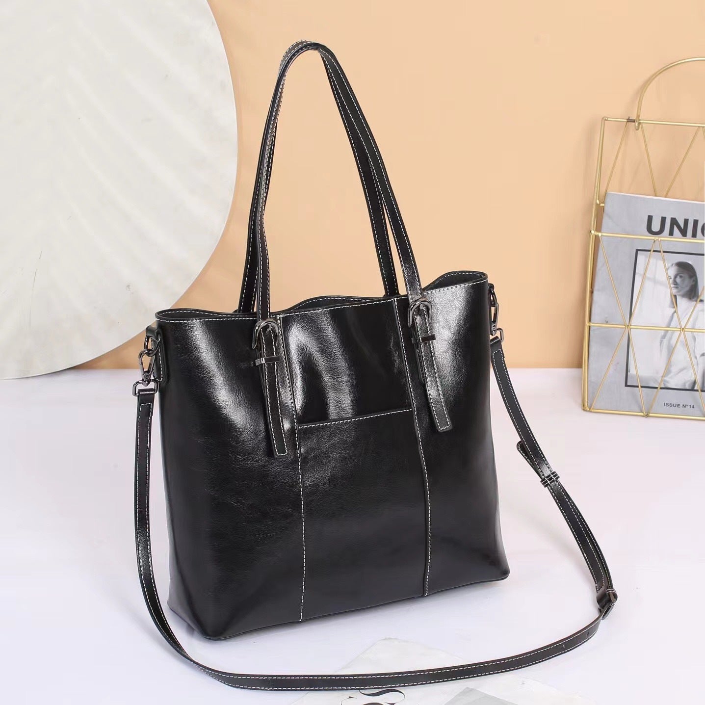 Leather Messenger Tote Bag
