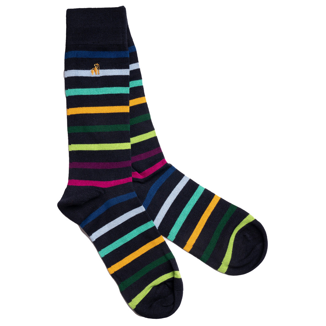 Colorful striped socks with a brand logo on a white background