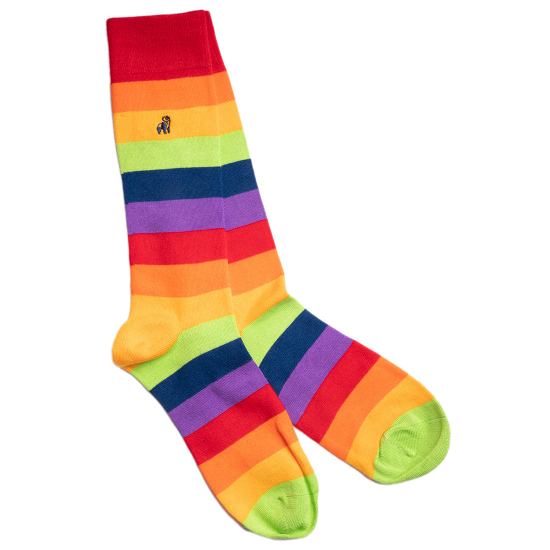 Colorful striped sock with a brand logo on a white background