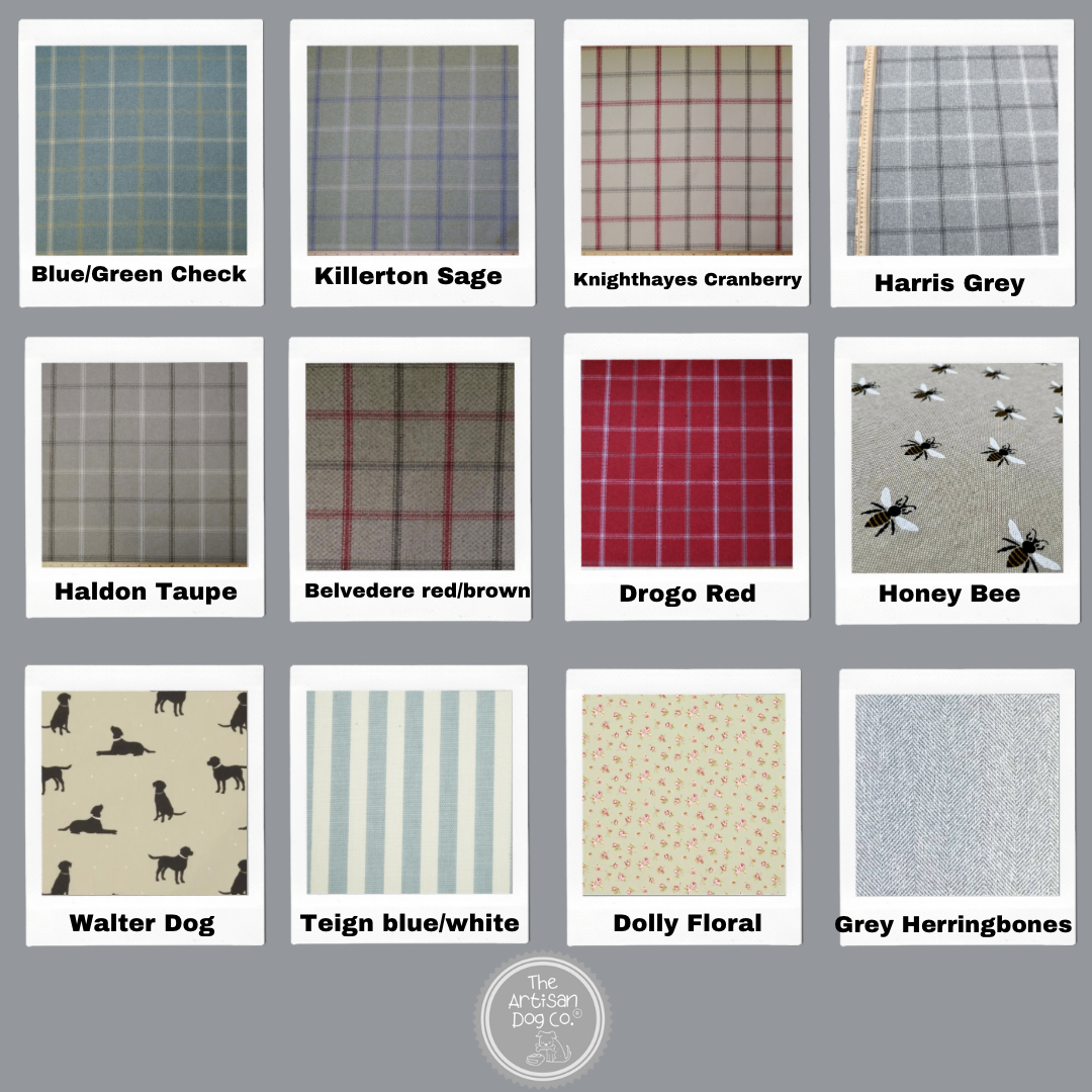 Grid of fabric swatches with various patterns and colors, featuring The Fabric Dog Co. logo.
