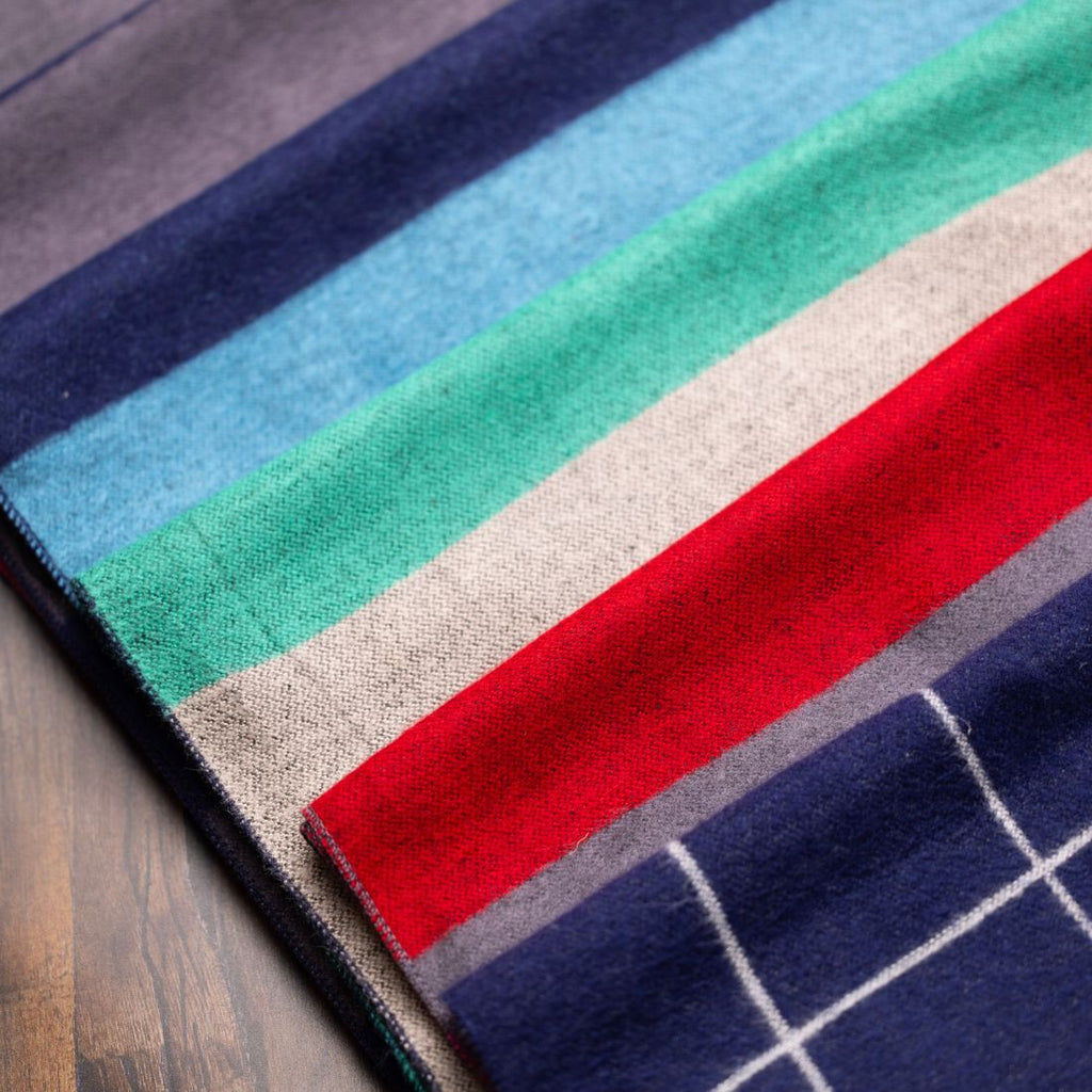 Colorful striped rug on a wooden floor