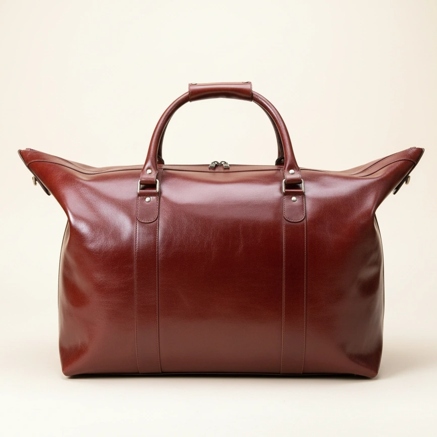 Brown leather duffel bag on a beige background
