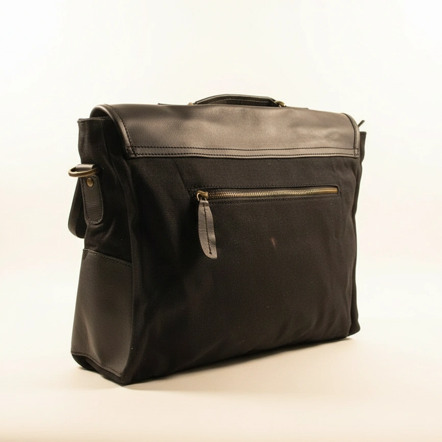 Black leather and fabric bag on a beige background