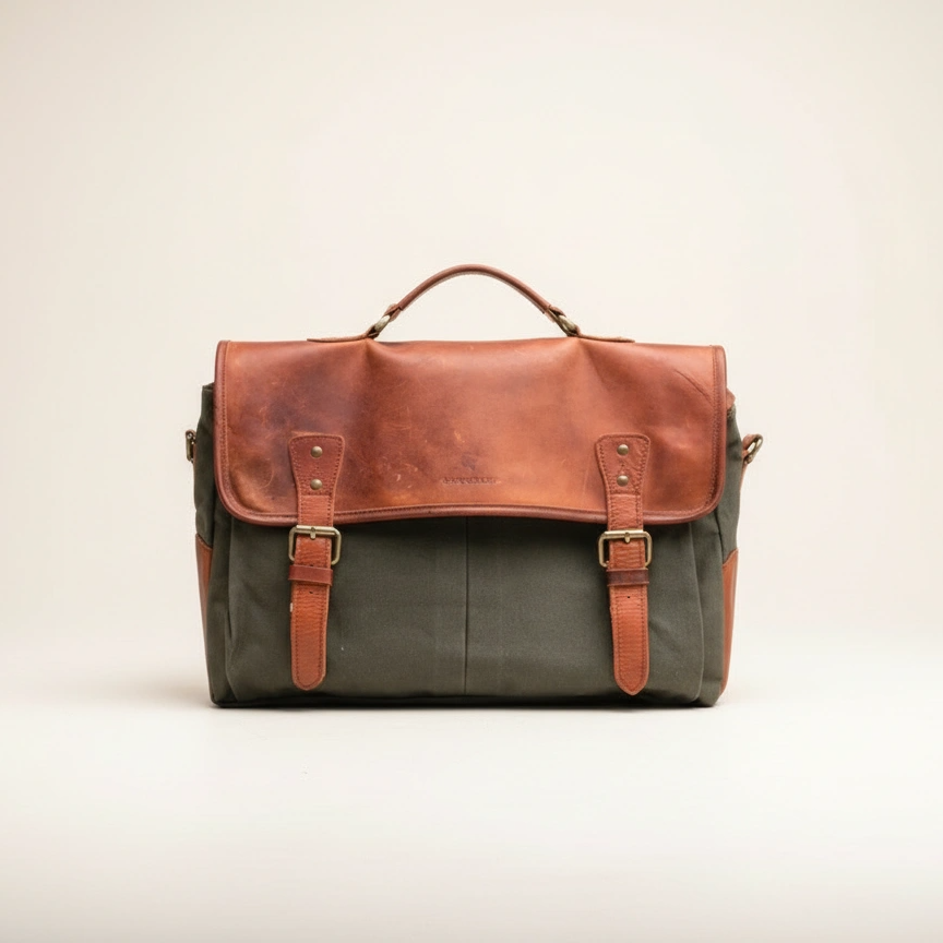 Brown leather and green fabric bag on a beige background