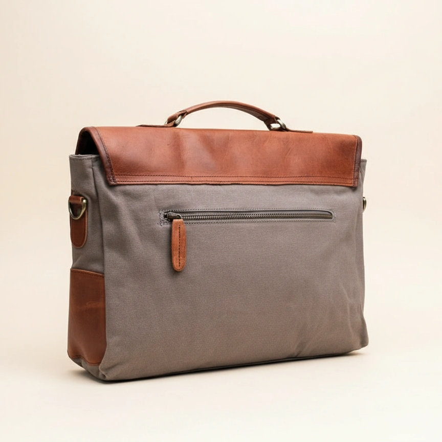 Gray backpack with brown leather accents on a beige background