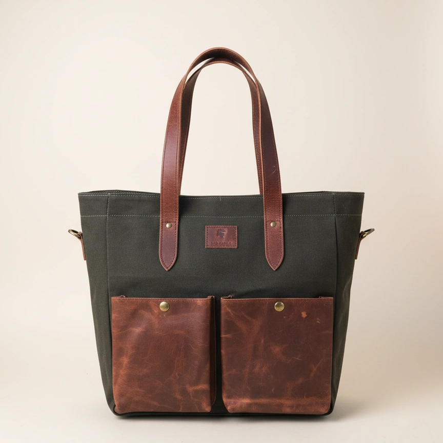 Black tote bag with brown leather accents on a beige background