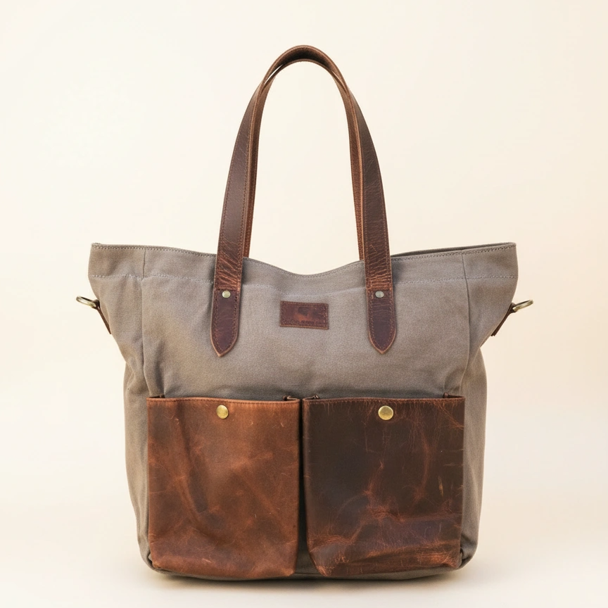 Gray tote bag with brown leather accents on a white background