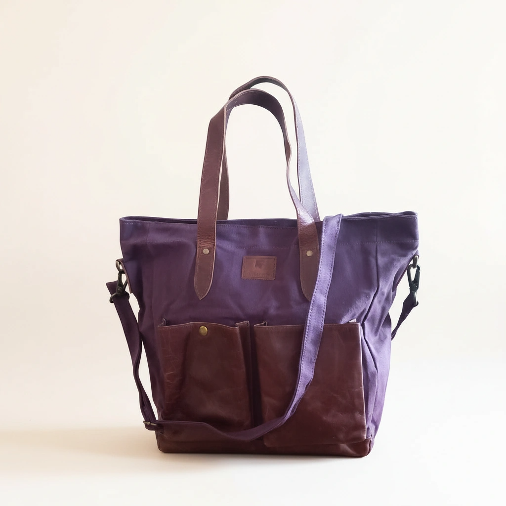 Purple tote bag with brown accents on a light beige background