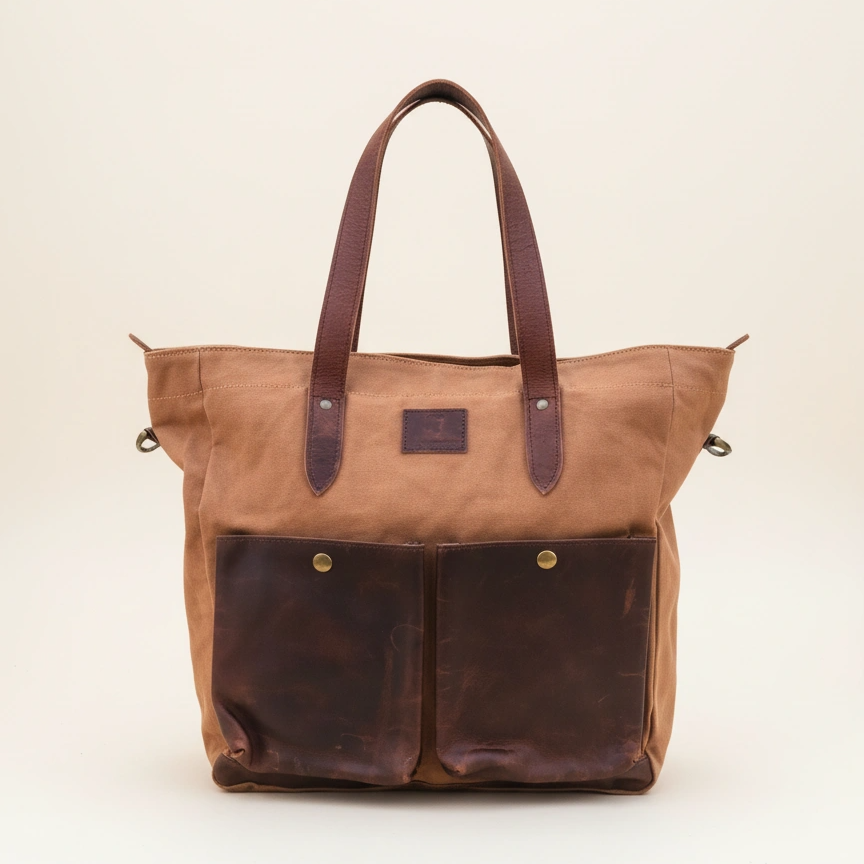 Brown leather tote bag with a contrasting pocket on a beige background