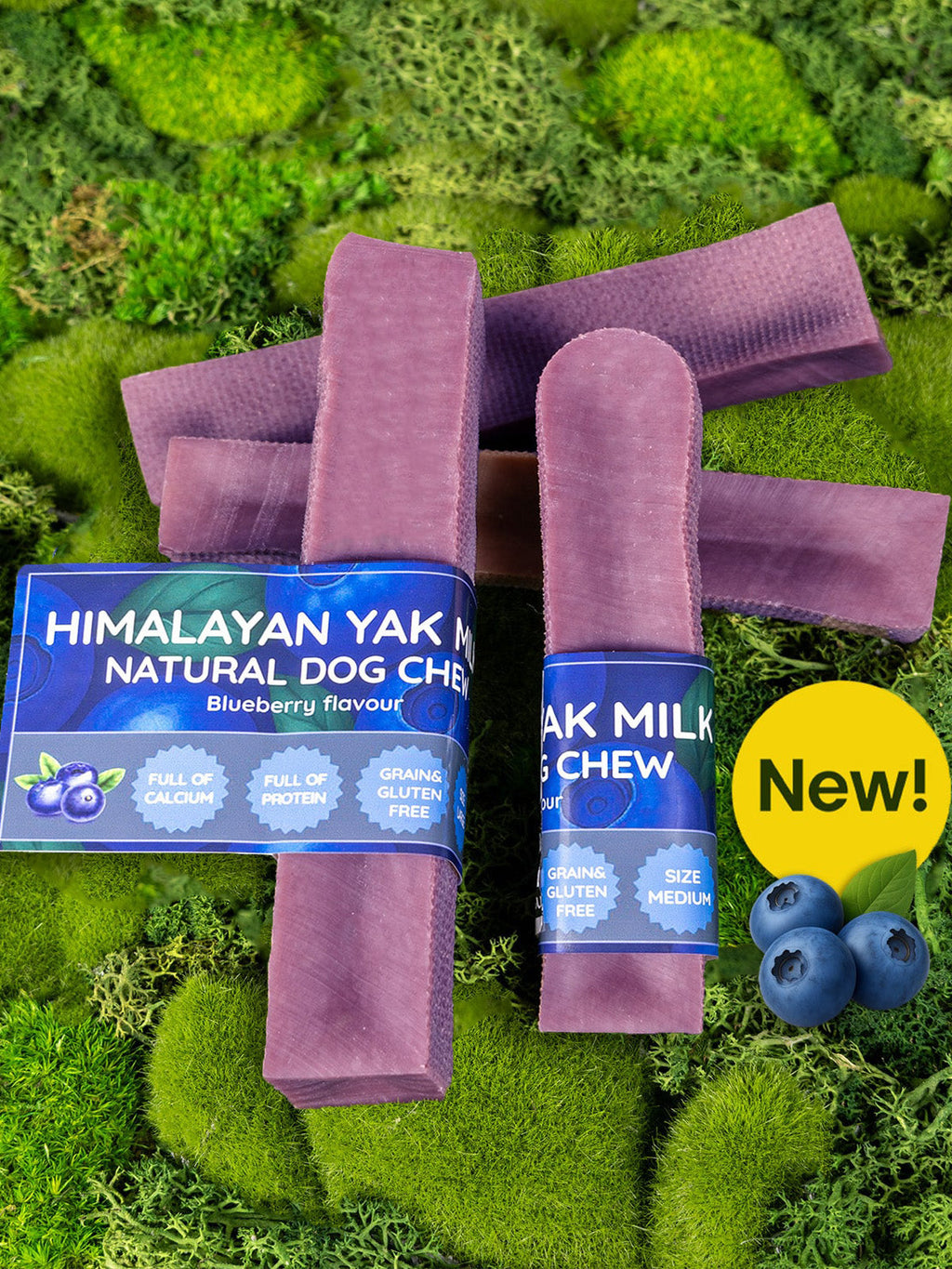 Himalayan Yak Natural Dog Chews with blueberry flavor on a green grass background