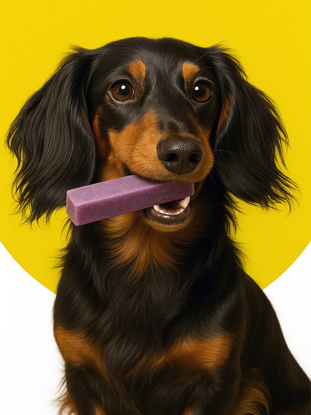 Dog holding a purple object against a yellow background