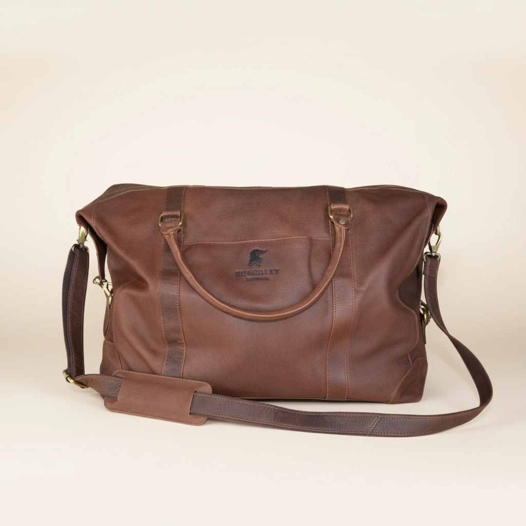 Brown leather bag with a visible brand logo on a beige background