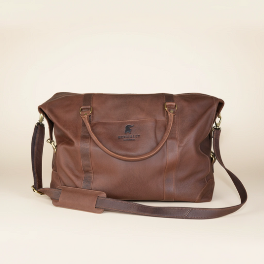 Brown leather bag with a visible brand logo on a beige background