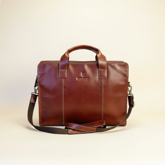 Brown leather briefcase with shoulder strap on a beige background