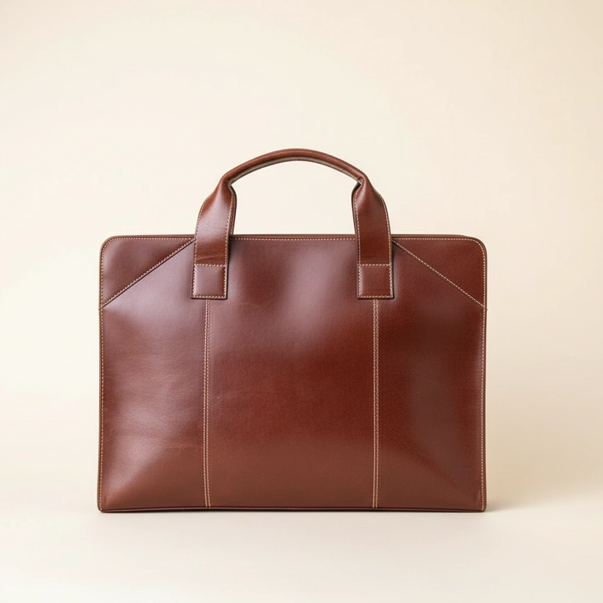 Brown leather briefcase on a beige background