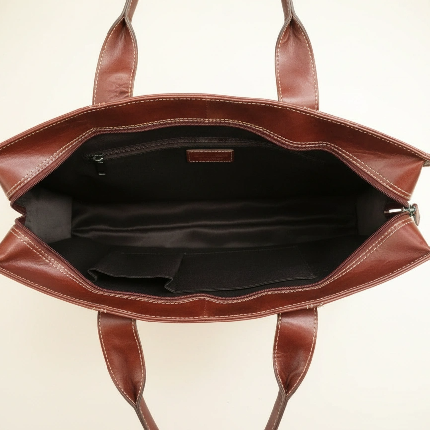 Brown leather handbag with visible brand name on a beige background