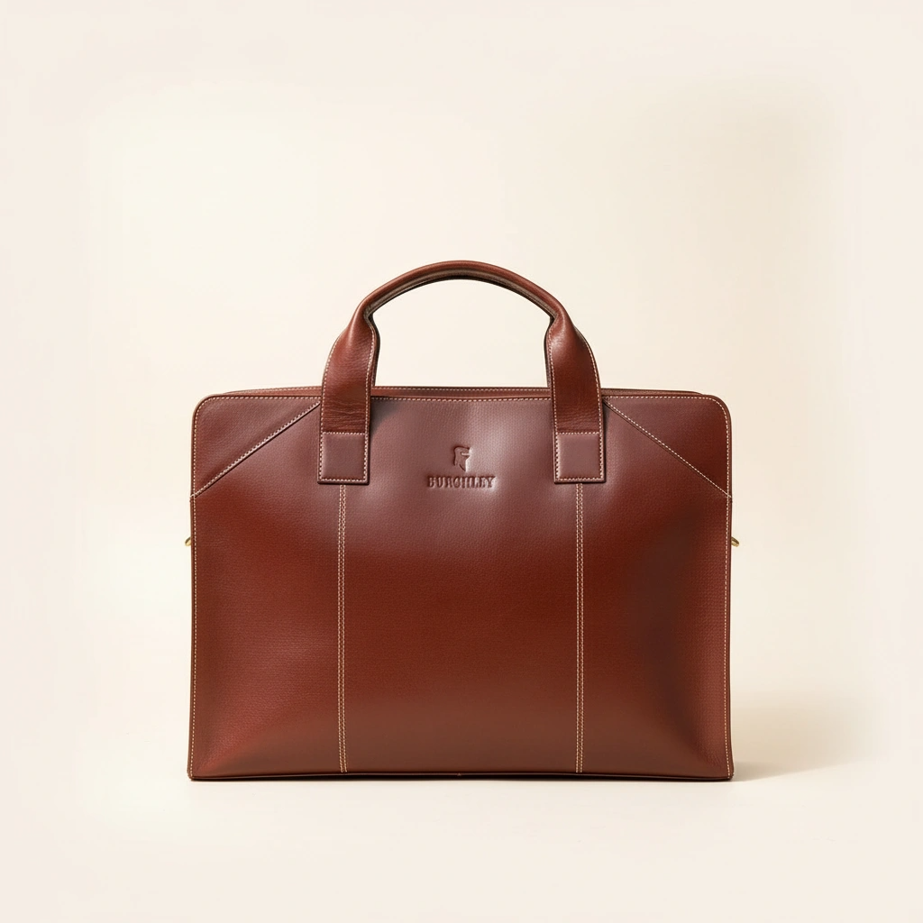 Brown leather briefcase on a beige background