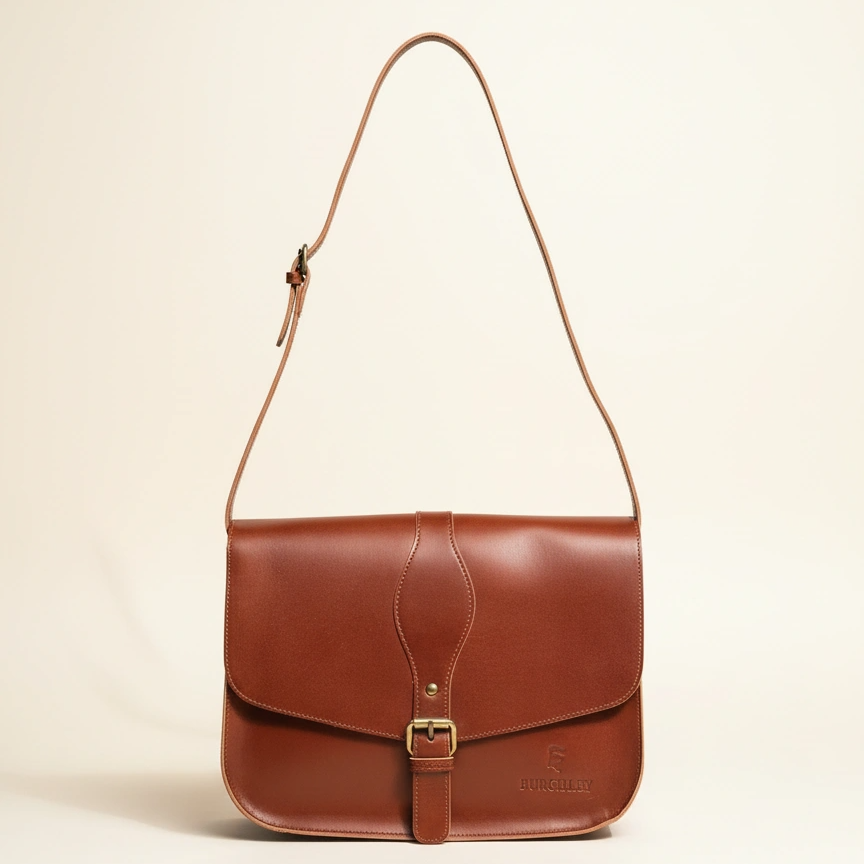 Brown leather bag with a strap on a beige background