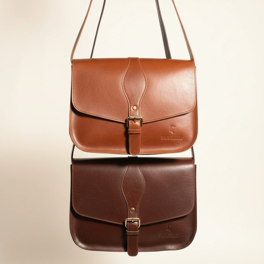 Brown leather satchel bag on a reflective surface with a beige background