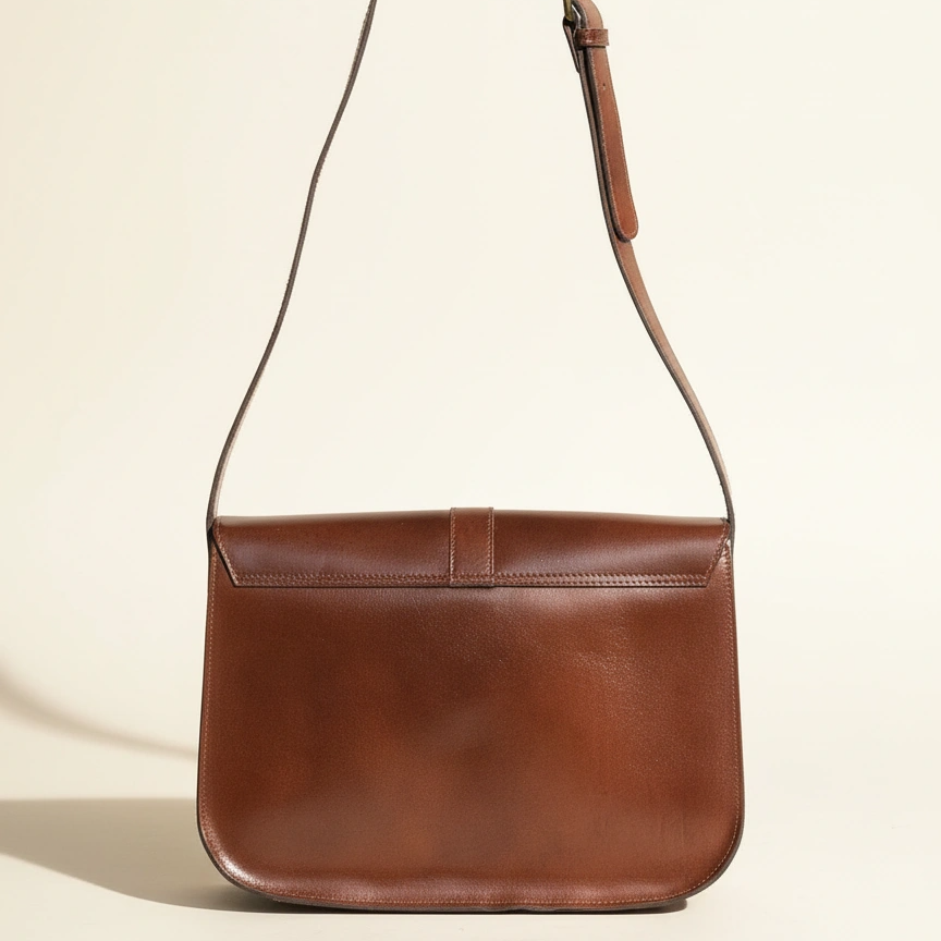 Brown leather shoulder bag on a beige background