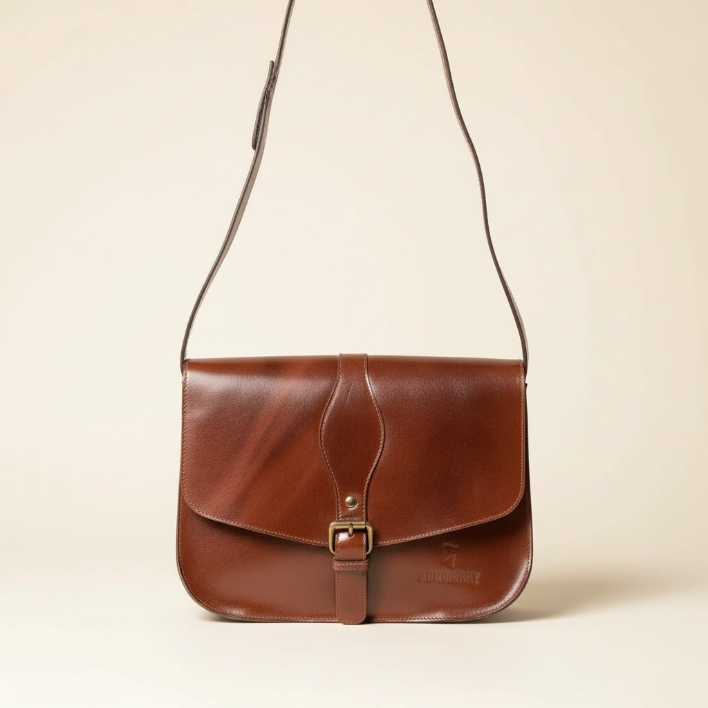 Brown leather bag with a strap on a beige background