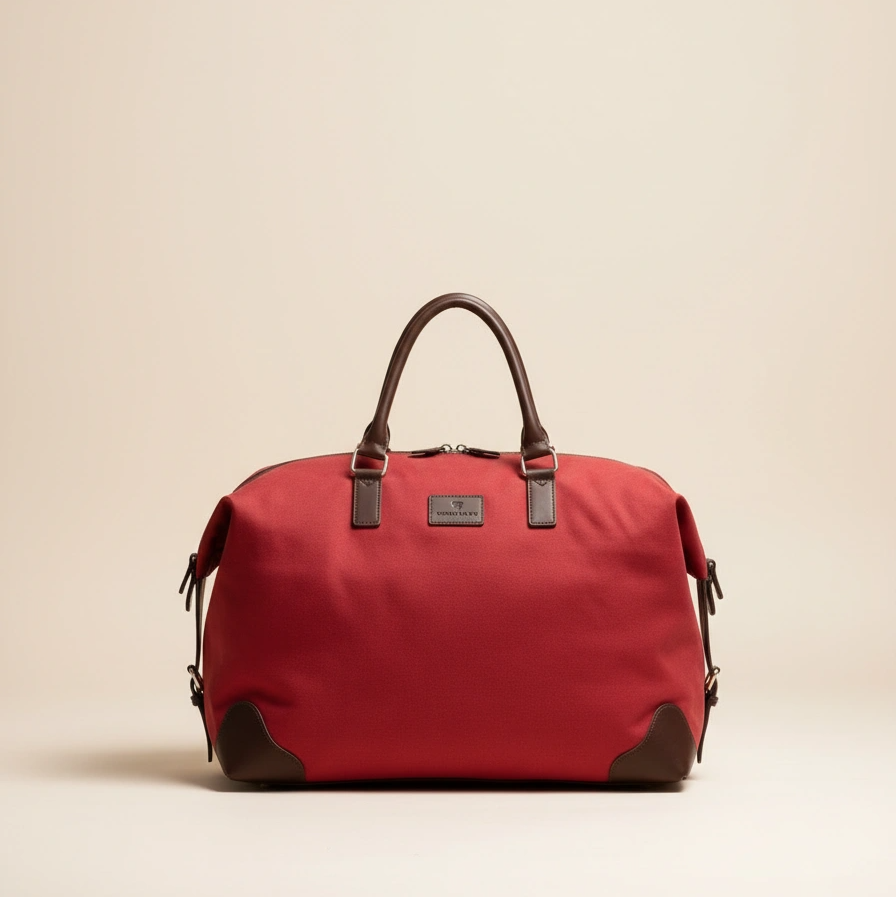 Red travel bag with brown handles and trim on a beige background
