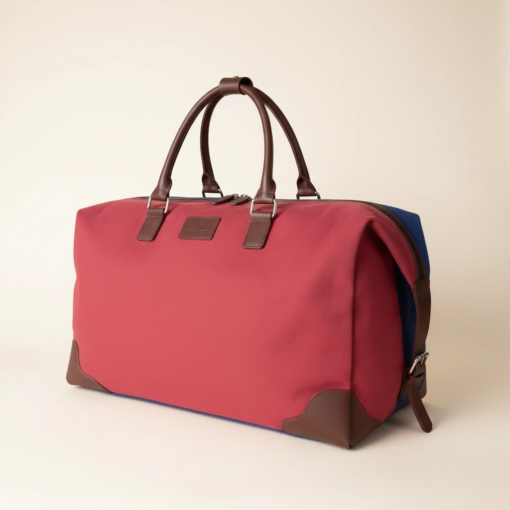 Red duffel bag with brown handles and trim on a beige background