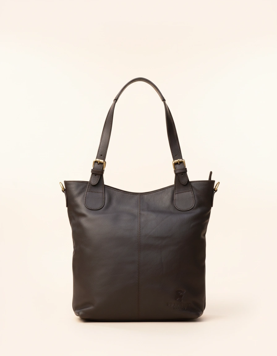 Black leather handbag on a beige background