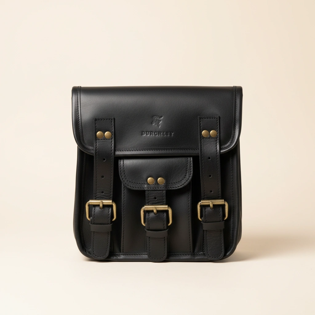 Black leather satchel with gold buckles on a beige background