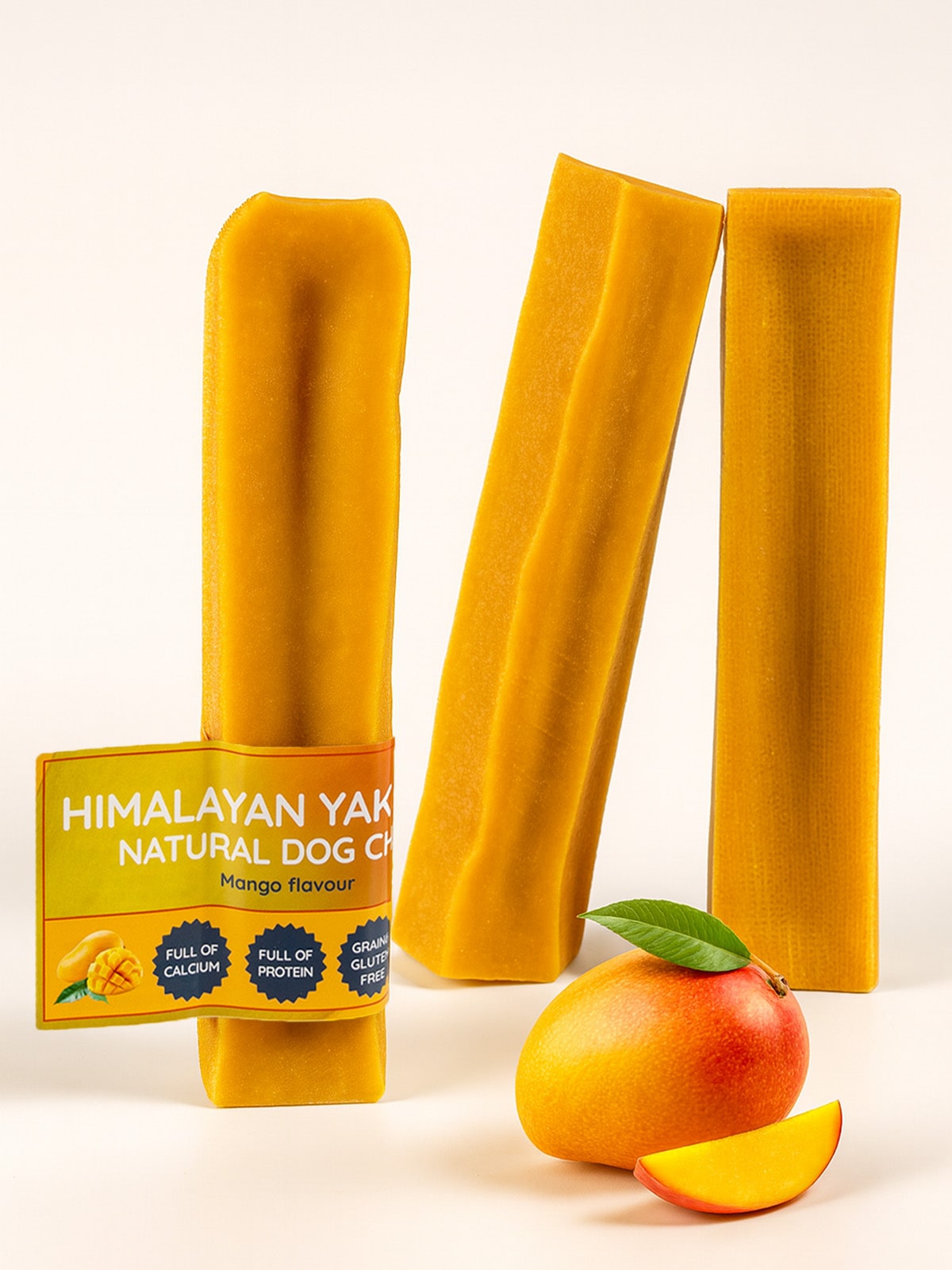 Himalayan Yak Natural Dog Chews with mango flavor packaging on a white background