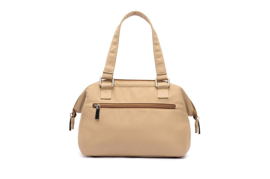 Beige handbag with a shoulder strap on a white background