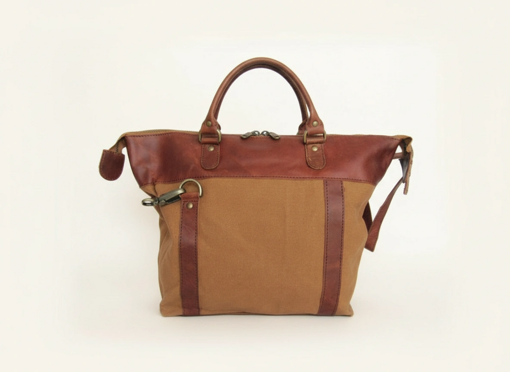 Brown and beige handbag on a white background