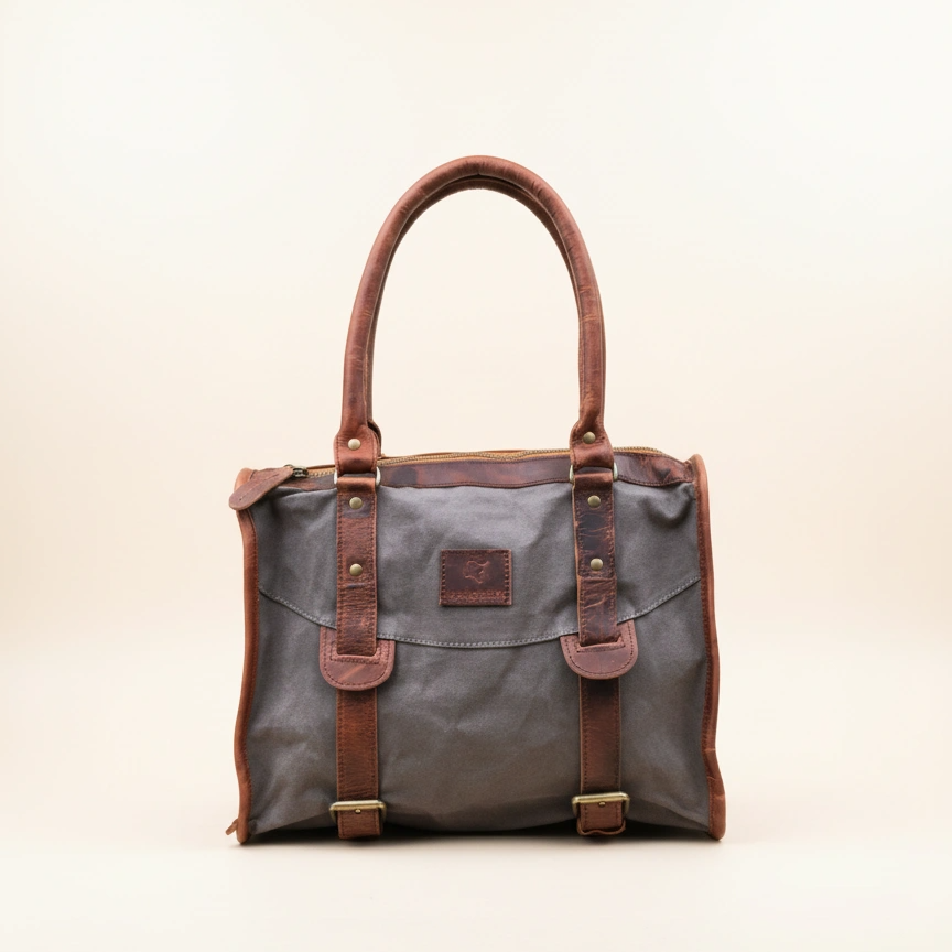 Gray handbag with brown leather straps on a beige background