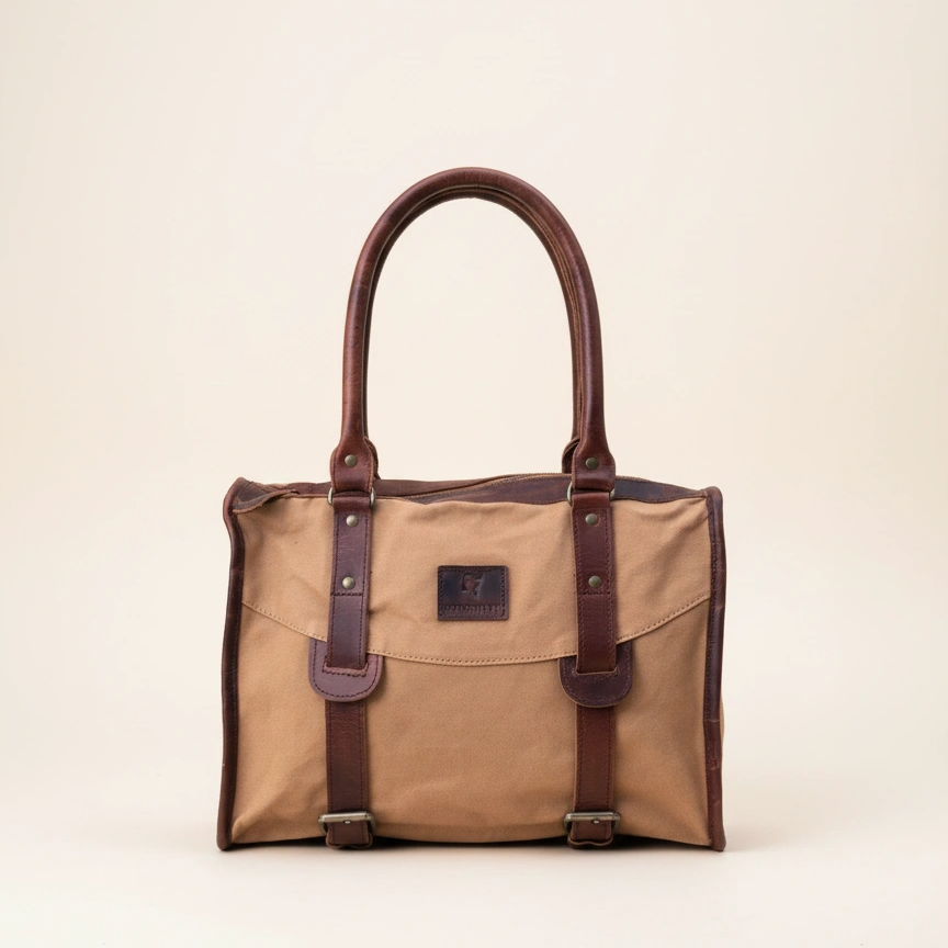 Brown and beige handbag with leather straps on a beige background