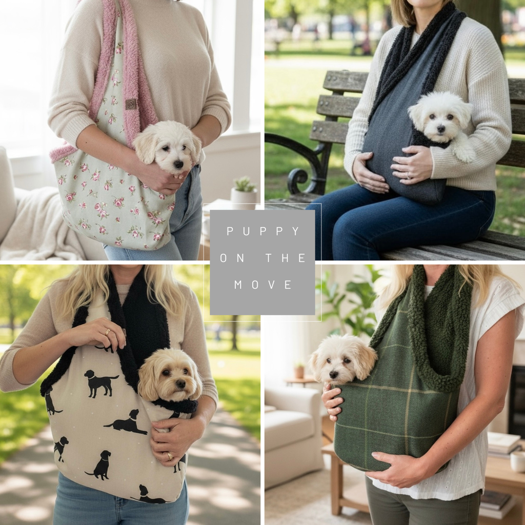 Collage of people holding puppies in various types of carriers outdoors and indoors.