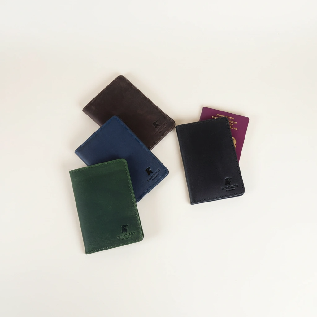 Five leather wallets in different colors on a white background