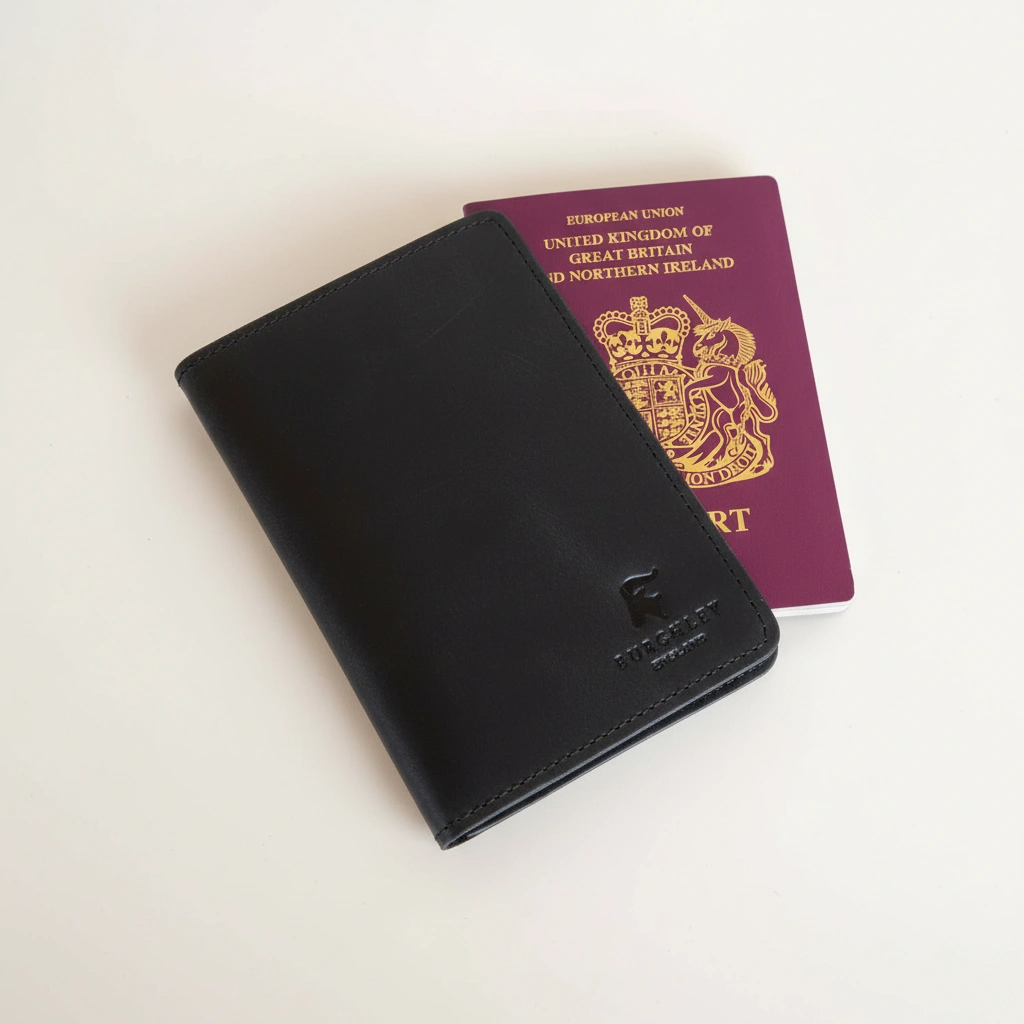 Black leather passport holder with a British passport on a light beige background