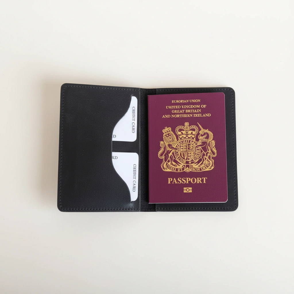 Black passport holder with a British passport inside on a white background