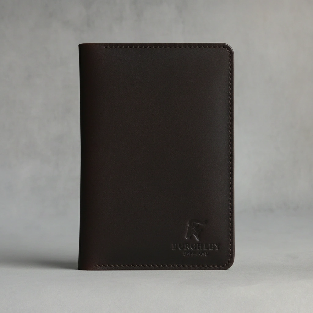 Dark brown leather wallet with 'Furnily' branding on a gray background