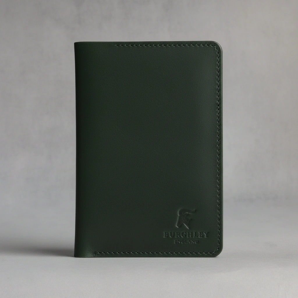 Green leather wallet with brand logo on a gray background